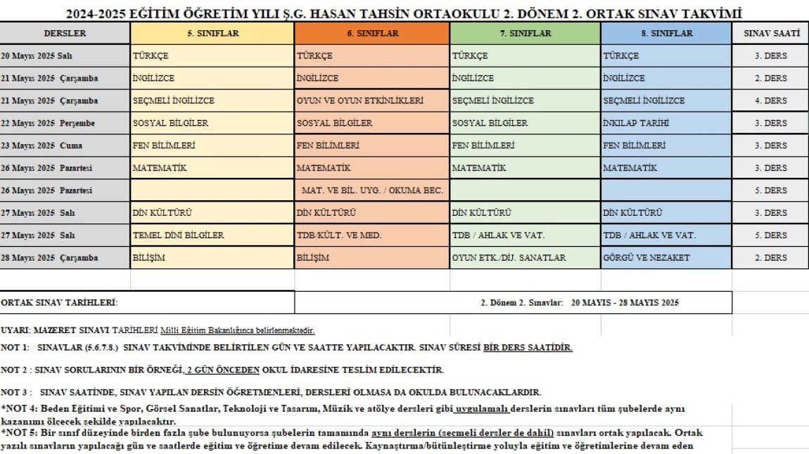2. Dönem 2. Sınav Takvimi